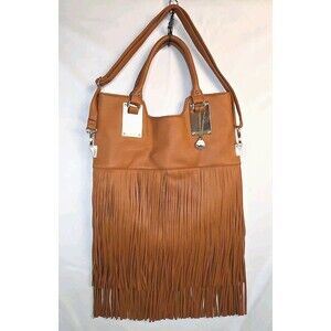 Big Buddha Fringe Shoulder Bag Cognac Brown Faux Leather Gold Accents Western